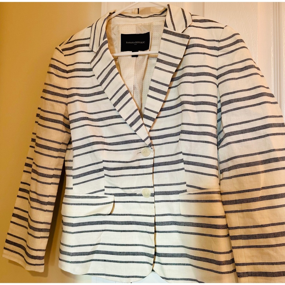 Banana Republic Womens Linen Cotton Striped Blazer Cream Navy Blue Size 2